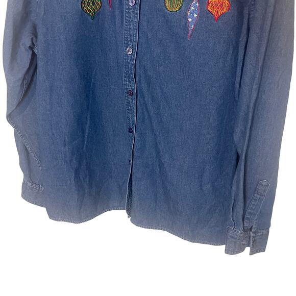 Basic Editions Holiday Vintage 90s Women XL Christmas Embroidered Denim Top - Picture 3 of 7
